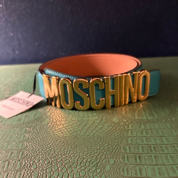 MOSCHINO teal leather belt with gold logo buckle size 48 EU